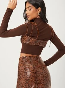 SHEIN BAE Mock Neck Cut Out Slim Crop Tee With Cami Top - Brown - View 2