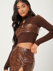 SHEIN BAE Mock Neck Cut Out Slim Crop Tee With Cami Top - Brown - View 3
