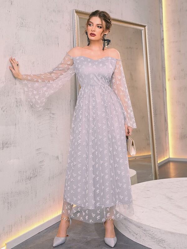 Off Shoulder Floral Mesh Prom Dress SHEIN USA