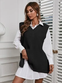 EURMUSE Solid Ribbed Split Hem Sweater Vest - Black - View 3