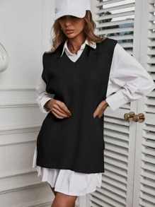 EURMUSE Solid Ribbed Split Hem Sweater Vest - Black - View 4