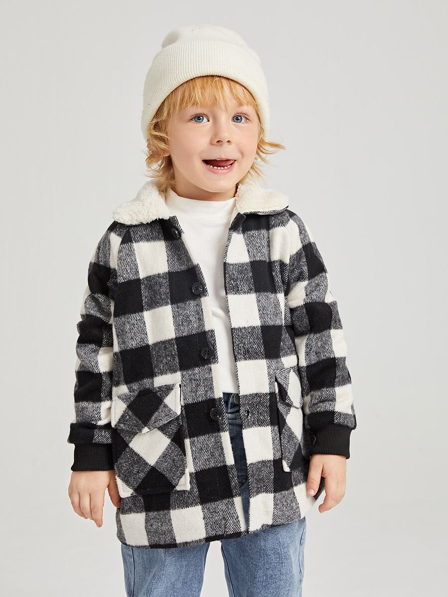 SHEIN 小男童大格紋插肩袖翻蓋口袋羊絨領口花呢外套