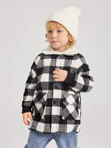 SHEIN 小男童大格紋插肩袖翻蓋口袋羊絨領口花呢外套