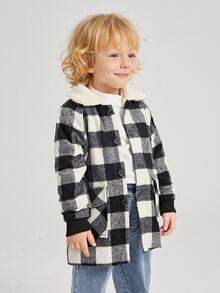 SHEIN 小男童大格紋插肩袖翻蓋口袋羊絨領口花呢外套