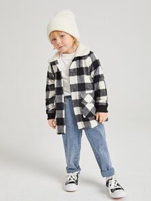 SHEIN 小男童大格紋插肩袖翻蓋口袋羊絨領口花呢外套