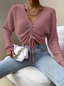 SHEIN Essnce Solid Drawstring Ruched Front Crop Top - Dusty Pink - View 1