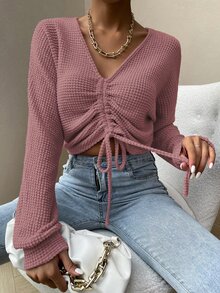 SHEIN Essnce Solid Drawstring Ruched Front Crop Top - Dusty Pink - View 3