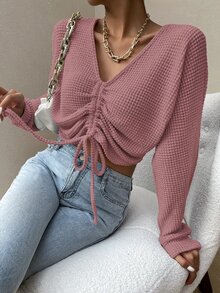 SHEIN Essnce Solid Drawstring Ruched Front Crop Top - Dusty Pink - View 4