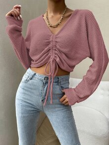 SHEIN Essnce Solid Drawstring Ruched Front Crop Top - Dusty Pink - View 5