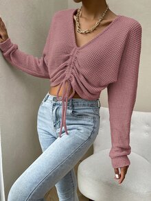 SHEIN Essnce Solid Drawstring Ruched Front Crop Top - Dusty Pink - View 6