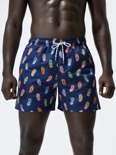 Manfinity Men Slippers Print Drawstring Waist Swim Trunks