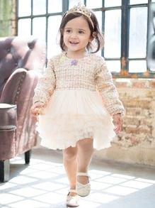 小女童格紋圖案立體花卉多層網紗邊連衣裙 - 杏色 - 查看 1