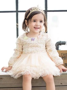 小女童格紋圖案立體花卉多層網紗邊連衣裙 - 杏色 - 查看 3