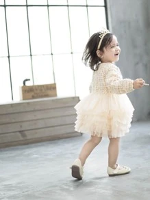 小女童格紋圖案立體花卉多層網紗邊連衣裙 - 杏色 - 查看 4