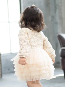 小女童格紋圖案立體花卉多層網紗邊連衣裙 - 杏色 - 查看 5