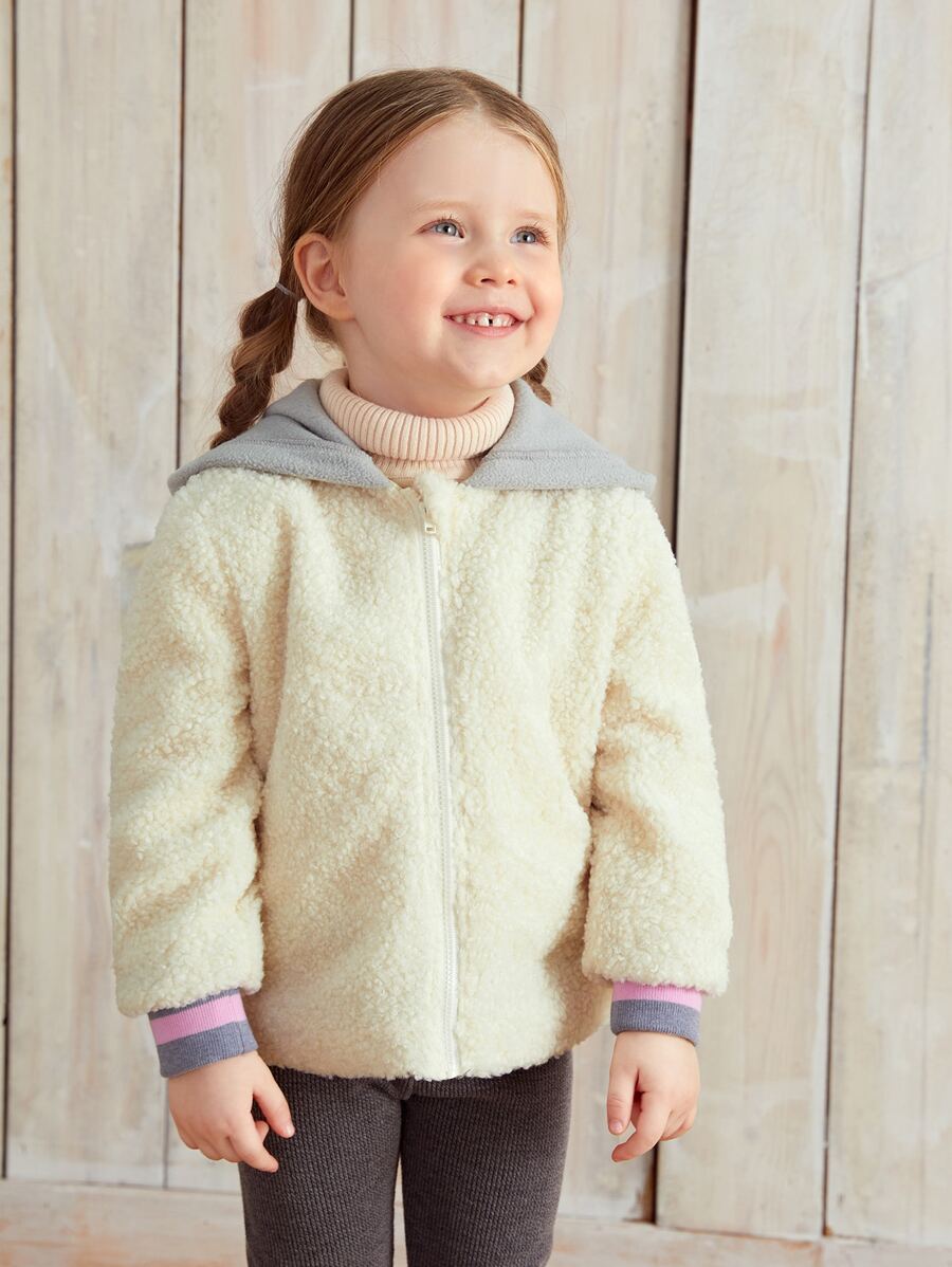 SHEIN Toddler Girls Colour Block Hooded Zipper Teddy Jacket - Beige - View 1