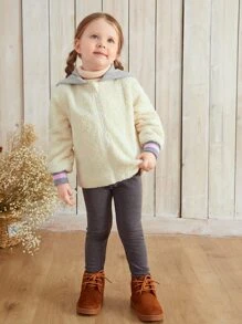 SHEIN Toddler Girls Colour Block Hooded Zipper Teddy Jacket - Beige - View 4