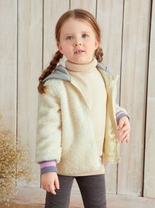 SHEIN Toddler Girls Colour Block Hooded Zipper Teddy Jacket - Beige - View 5
