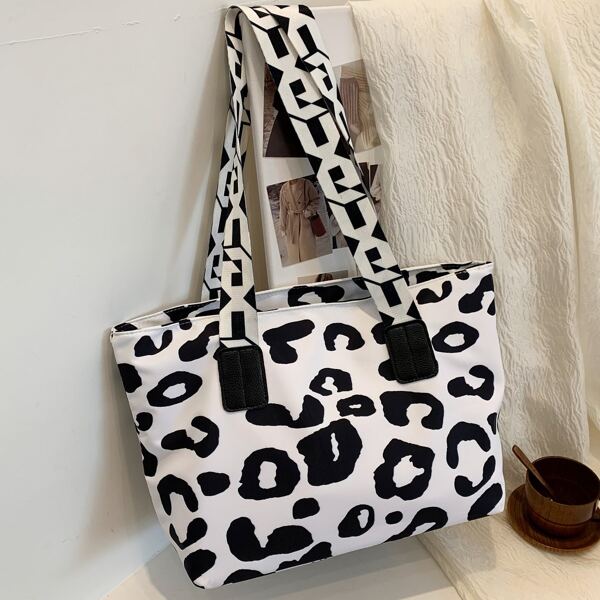 

Leopard Pattern Fuzzy Shoulder Tote Bag, White