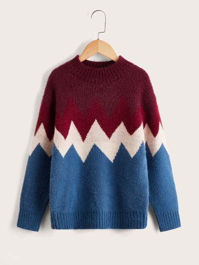 SHEIN Girls Color Block Chevron Pattern Sweater