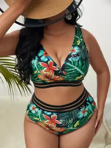 SHEIN Swim Curve Conjunto de bikini de malla de contraste con estampado tropical y talla grande para playa de verano - Multicolor - Ver 3