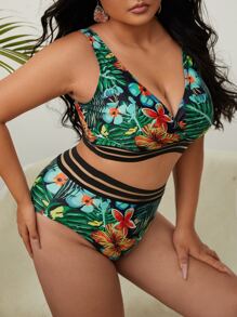 SHEIN Swim Curve Conjunto de bikini de malla de contraste con estampado tropical y talla grande para playa de verano - Multicolor - Ver 4