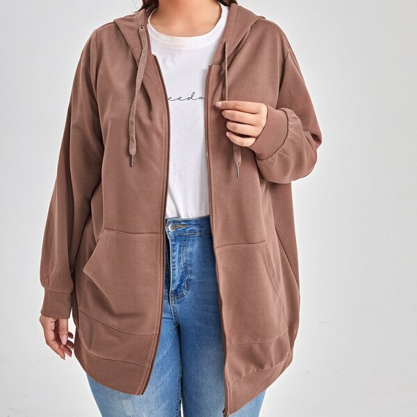 

Plus Drop Shoulder Drawstring Kangaroo Pocket Hooded Sweatshirt, Mocha brown