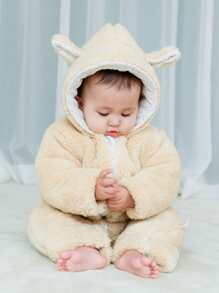 嬰兒3D耳朵設計拉鏈開襟法蘭絨服飾 - 杏色 - 查看 1