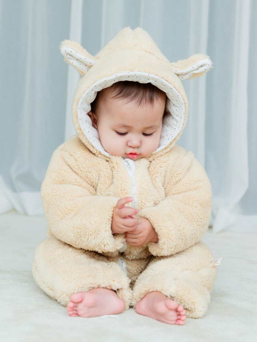 嬰兒3D耳朵設計拉鏈開襟法蘭絨服飾 - 杏色 - 查看 1