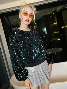 SHEIN Round Neck Sequin Pullover - Black - View 1