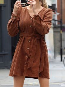SHEIN 泡泡袖前紐扣腰帶燈芯絨連衣裙 - 咖啡棕 - 查看 1