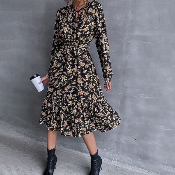 

Allover Floral Print Tie Neck Puff Sleeve Ruffle Hem Belted Dress, Multicolor