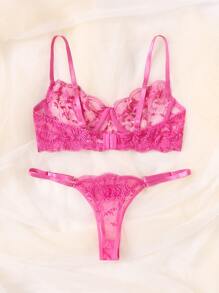 DelicateAllure 2pcs Leaf Embroidery Sheer Mesh Underwire Lingerie Set - Hot Pink - View 2
