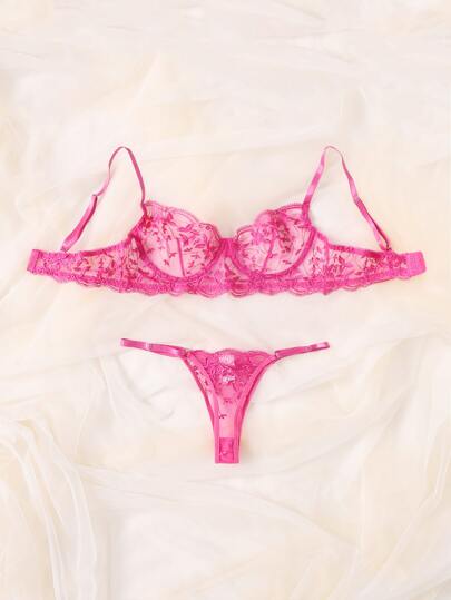 Esselle Leaf Geborduurde Doorschijnende Mesh Underwire Lingerie Set view 3