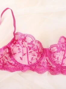 DelicateAllure 2pcs Leaf Embroidery Sheer Mesh Underwire Lingerie Set - Hot Pink - View 4