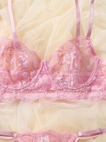DelicateAllure Leaf Embroidery Sheer Mesh Underwire Lingerie Set - Pink - View 3