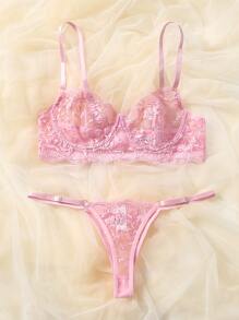 DelicateAllure Leaf Embroidery Sheer Mesh Underwire Lingerie Set - Pink - View 4
