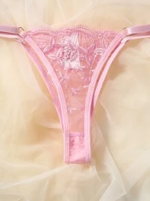 DelicateAllure Leaf Embroidery Sheer Mesh Underwire Lingerie Set - Pink - View 5