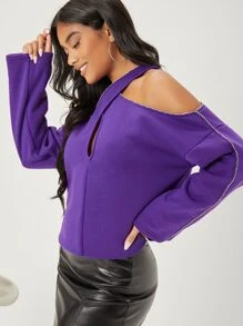 SHEIN BAE Top con diamante de imitación con tira cruzada de hombros descubiertos - Morado Violeta - Ver 4