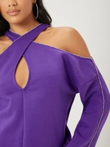 SHEIN BAE Top con diamante de imitación con tira cruzada de hombros descubiertos - Morado Violeta - Ver 3