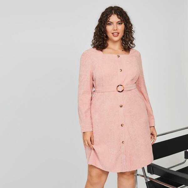 

Plus Square Neck Fake Button Belted Corduroy Dress, Baby pink