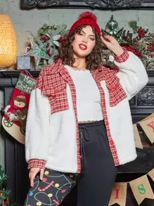 SHEIN EZwear Plus Contrast Plaid Pattern Shearling  Jacket - Red and White - View 1