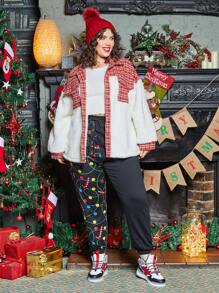 SHEIN EZwear Plus Contrast Plaid Pattern Shearling  Jacket - Red and White - View 3