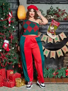 SHEIN EZwear 大碼單肩菱形印花套頭毛衣 - 彩色 - 查看 4