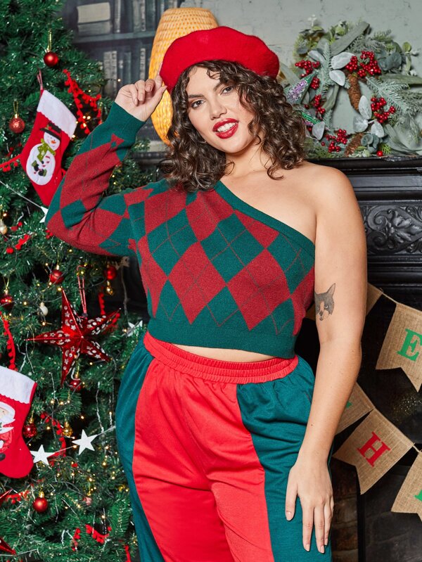 SHEIN EZwear Plus un pulover cu model Argyle cu un umăr