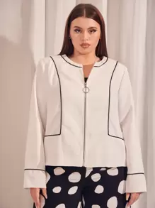 SHEIN Unity áo khoác kích thước lớn Dây kéo Tương phản ràng buộc Khối Màu Giải trí - trắng - Xem 1