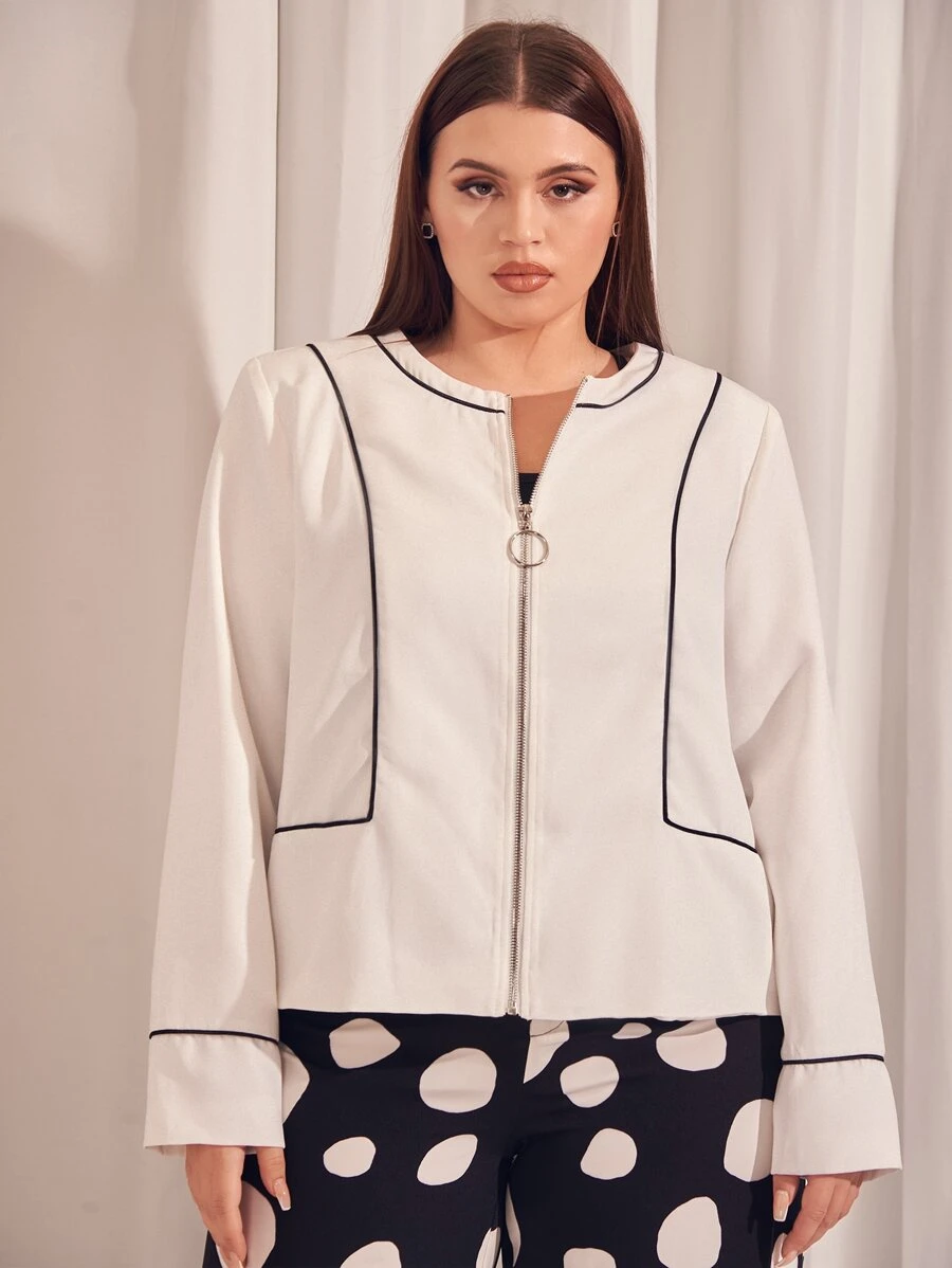 SHEIN Unity áo khoác kích thước lớn Dây kéo Tương phản ràng buộc Khối Màu Giải trí - trắng - Xem 1