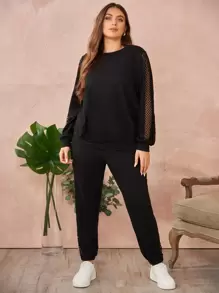 SHEIN LUNE Plus Fishnet Insert Sweatshirt & Sweatpants - Black - View 3
