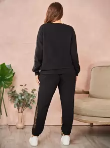 SHEIN LUNE Plus Fishnet Insert Sweatshirt & Sweatpants - Black - View 2