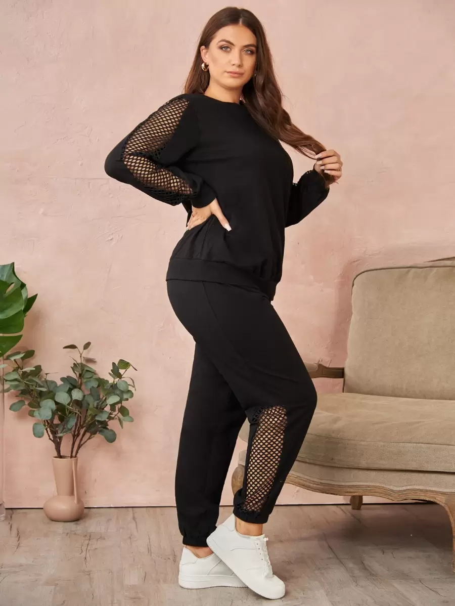 SHEIN LUNE Plus Fishnet Insert Sweatshirt & Sweatpants - Black - View 1